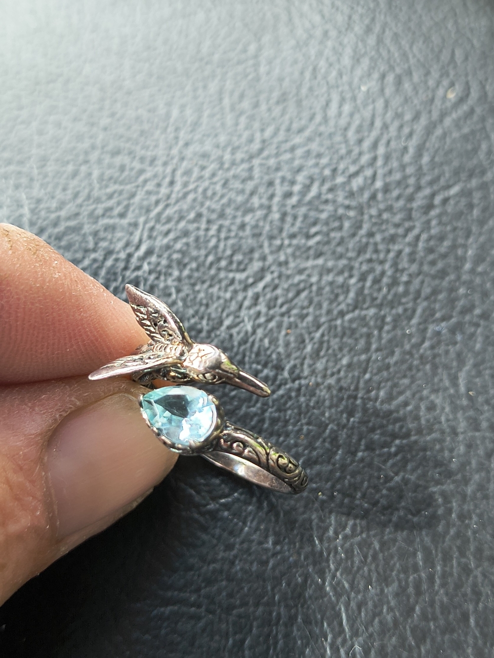 Silver Hummingbird Ring with Blue Teardrop Gem